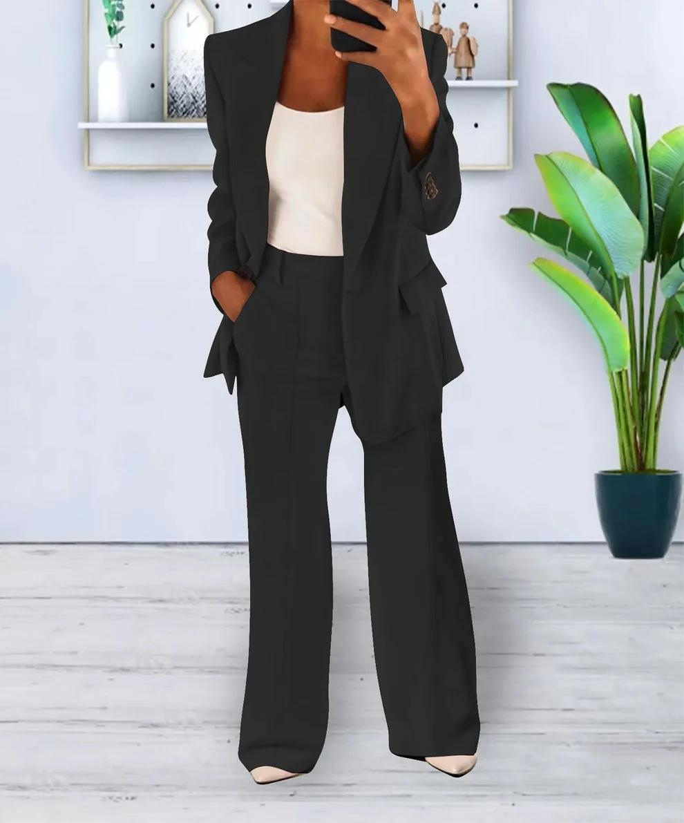 GR | Women's Two-Piece Blazer and Wide-Waisted Trousers Set, Tailored Fit, Formal Wear