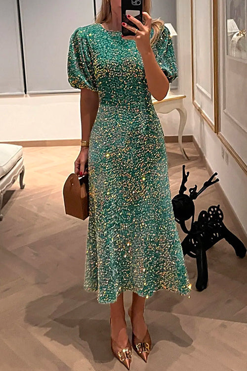 GR | Puff Kurzarm Tailliertes Pailletten Midi Partykleid