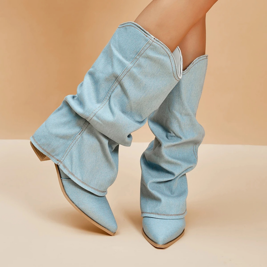 GR | folded denim boots with block heel