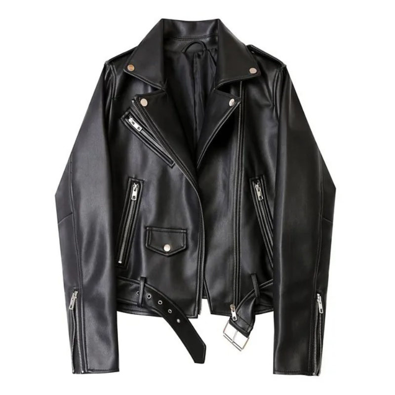 GR | Women's biker leather jacket with zippers and belt
