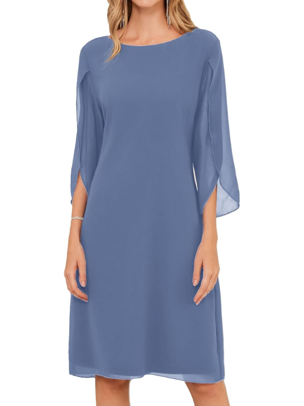 GR | Shift Dress Knee-length Bateau Neckline Three-quarter Slit Sleeves Flowing