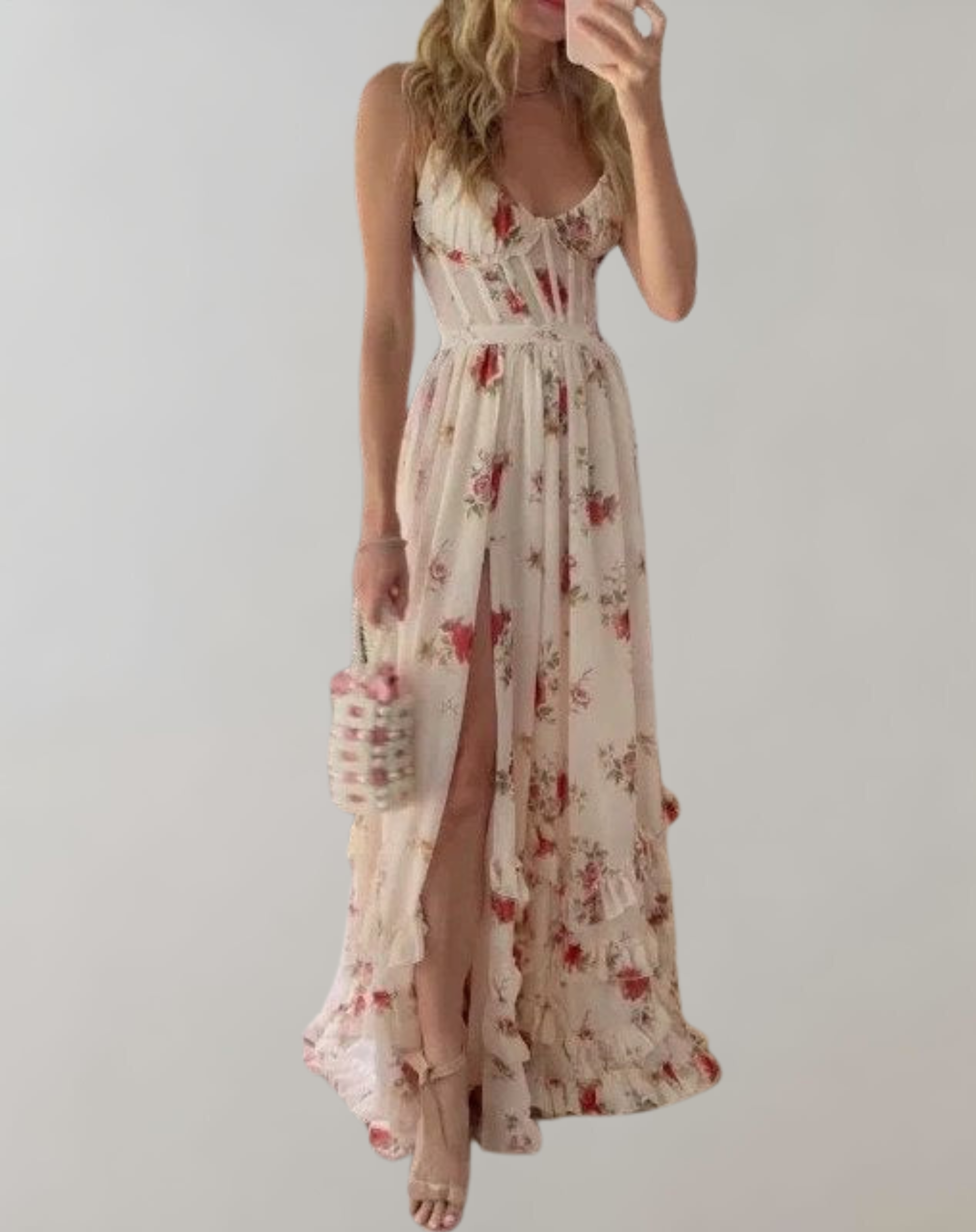 GR | Sleeveless, fitted dress with floral print and sexy leg cutout