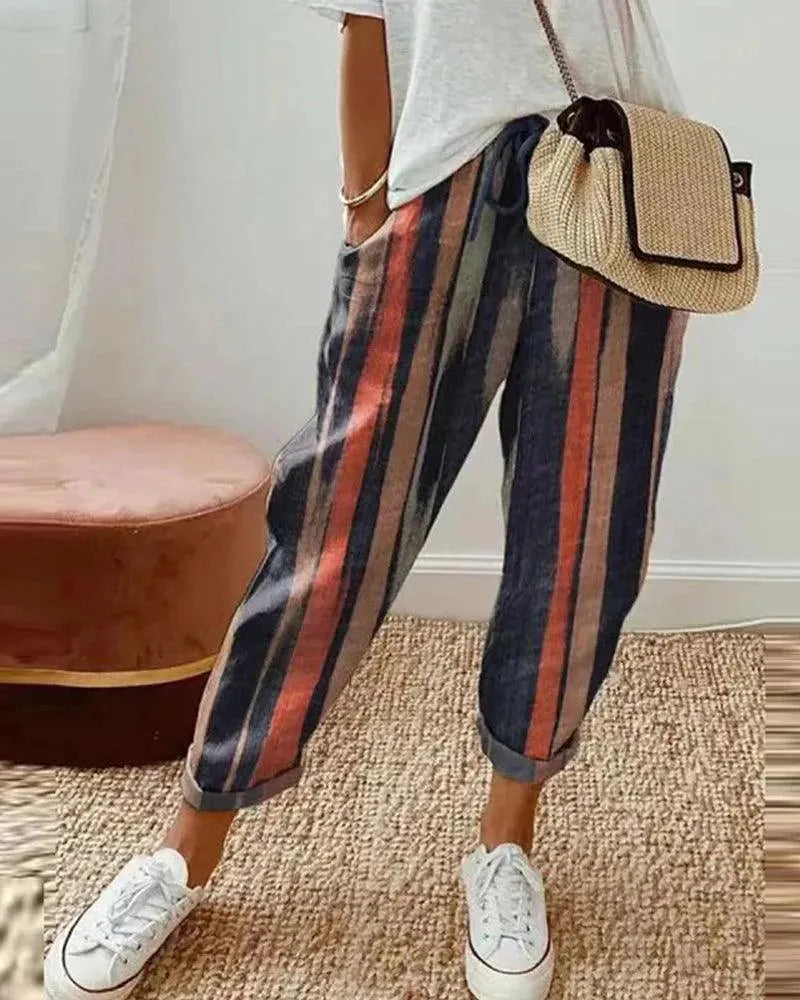 GR | Striped trousers, breathable cotton-linen blend, relaxed fit, drawstring waist, casual wear