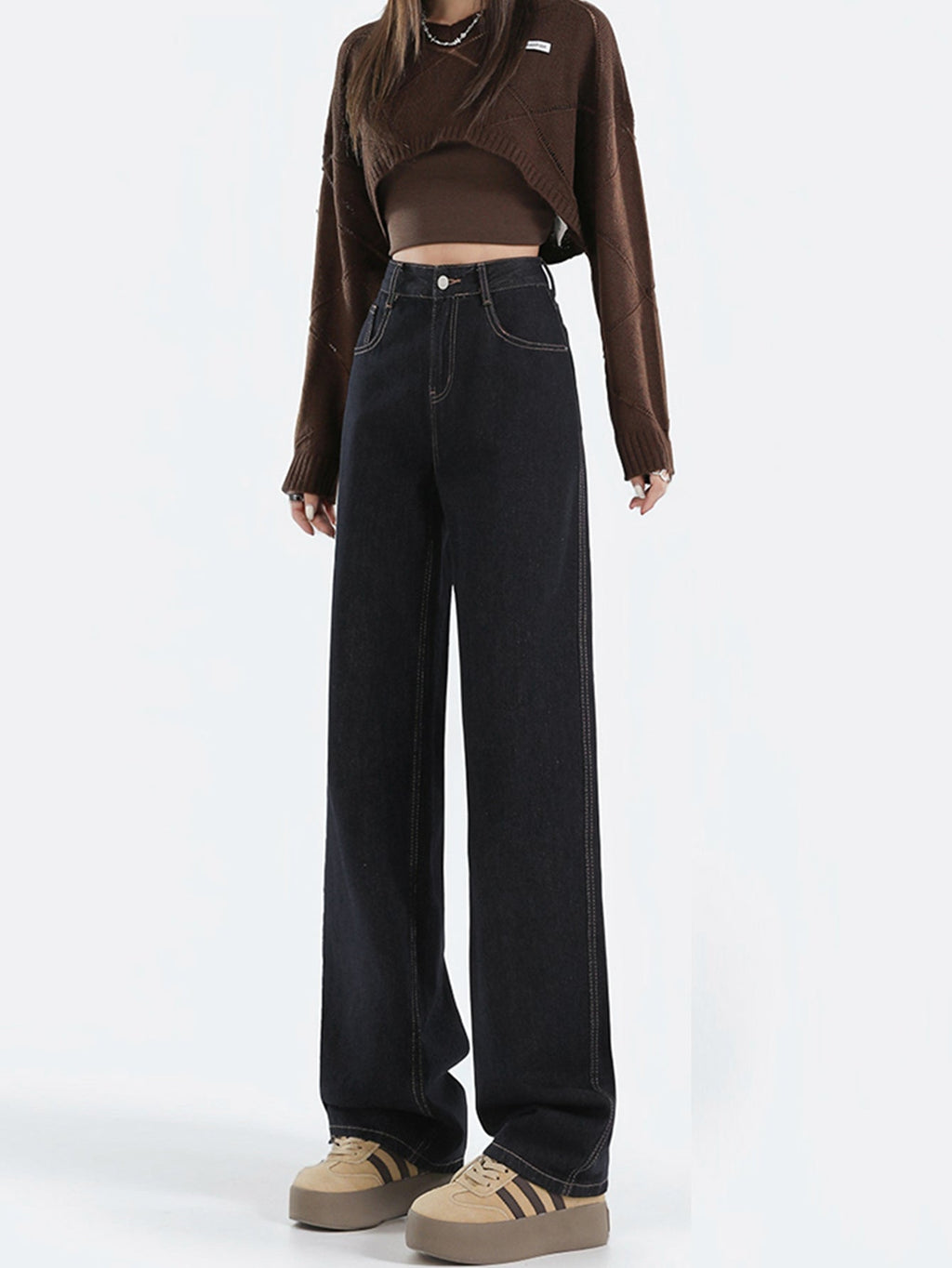 GR | Loose-fitting dark high-waisted floor-length denim trousers