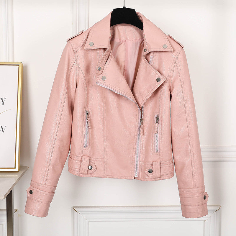 GR | Women's Slim Fit Black Leather Jacket with Lapel and Zipper