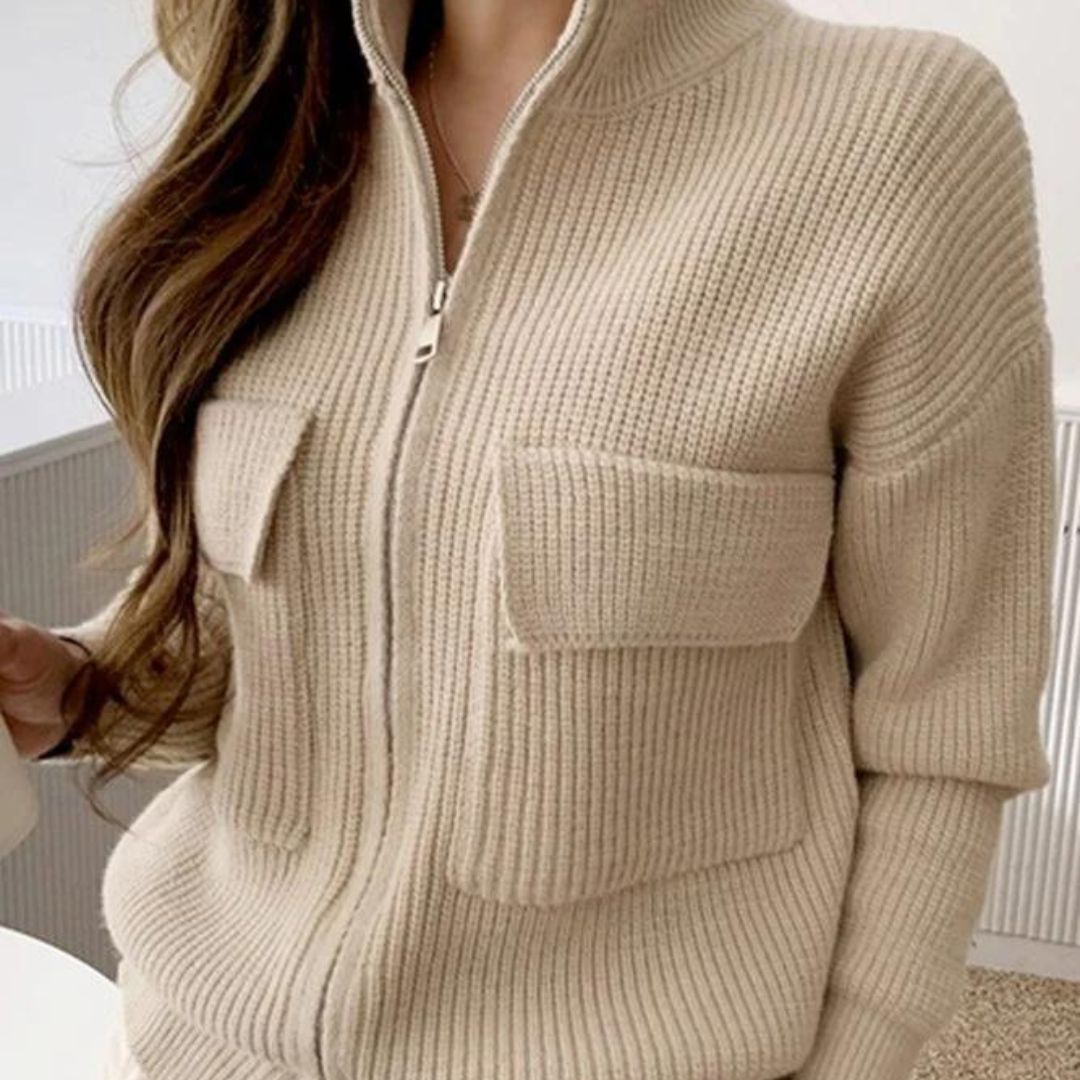 GR | Beige solid color long-sleeved high-neck pullover