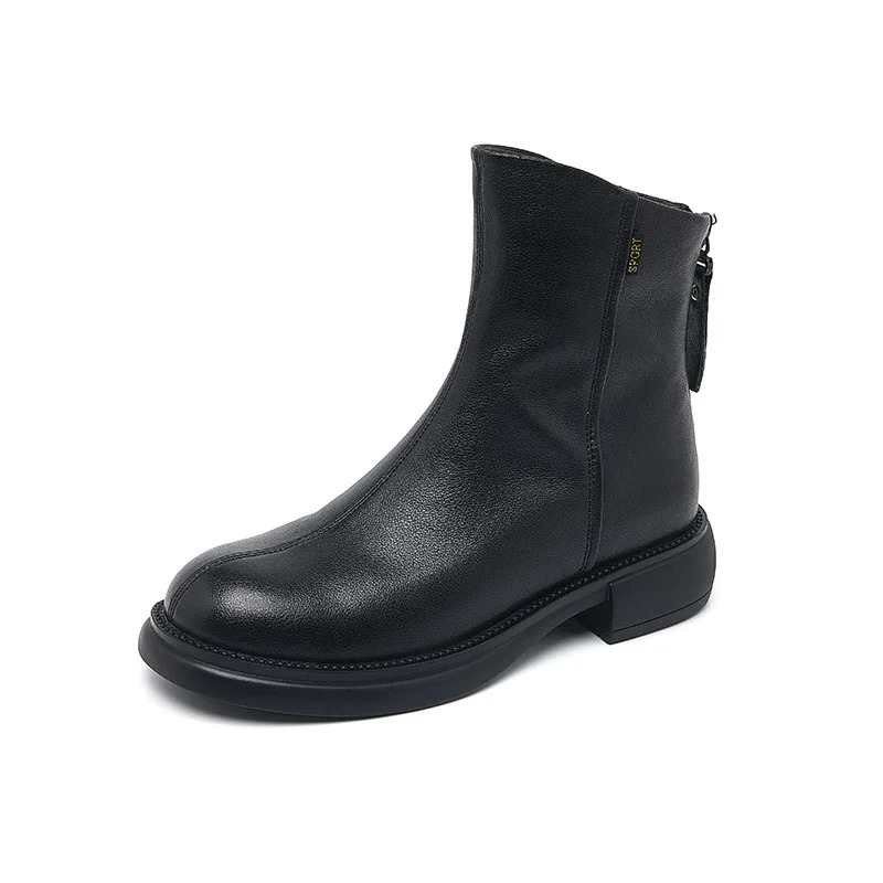 GR | Women's Leather Ankle Boots with Back Zipper and Low Heel