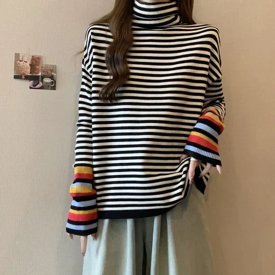Striped sweater with a high neckline