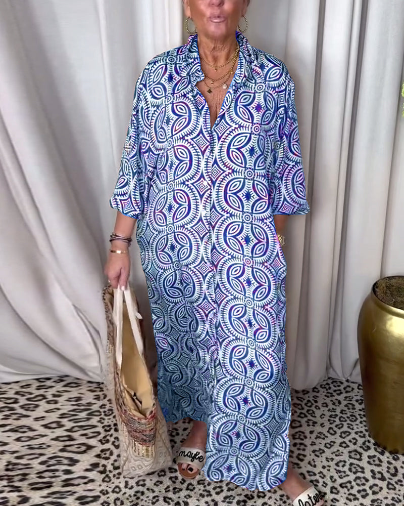 GR | Vintage Bedrucktes Maxikleid mit Reverstaschen