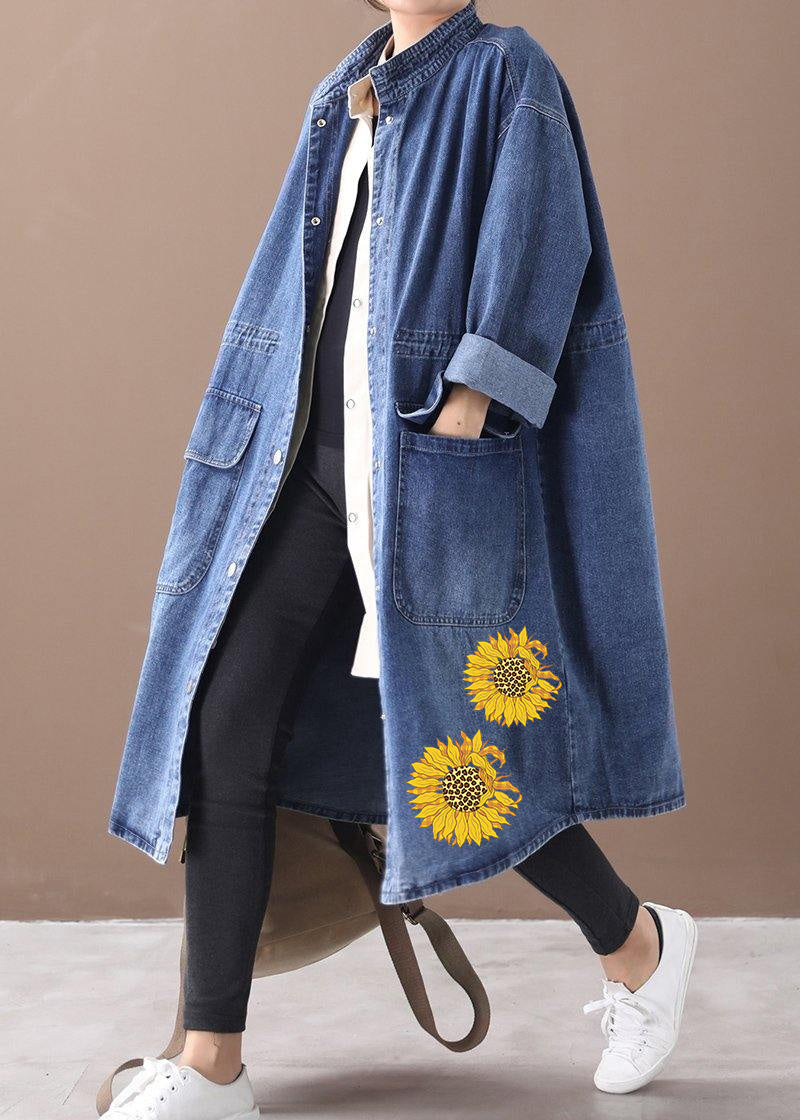 GR | Denim Blue Plus Size Trench Coat with Drawstring