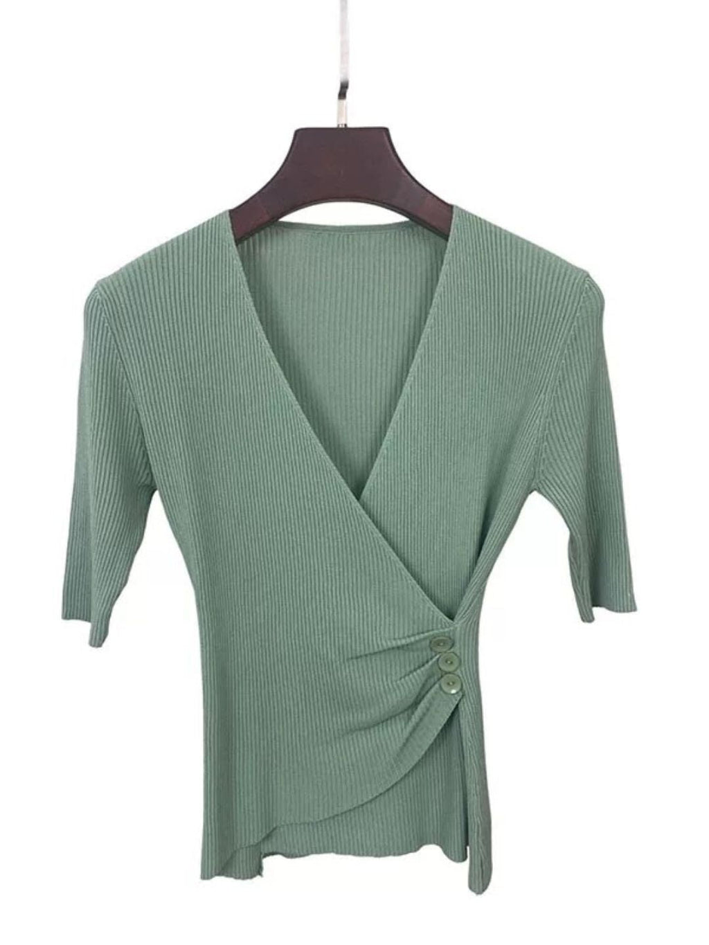 GR | Casual V-neck solid color knit top green 