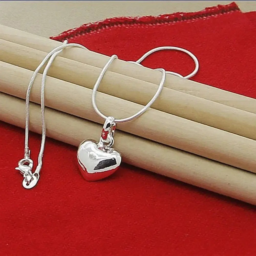GR | Sterling Silver Solid Heart Necklace Snake Chain for Women