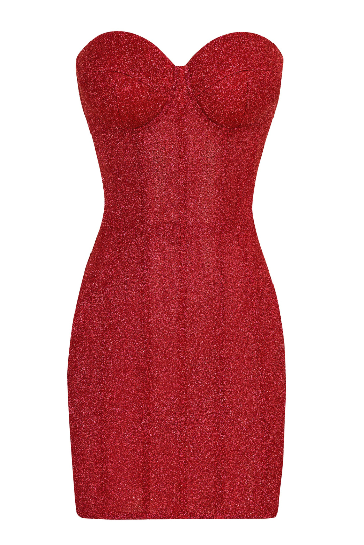 GR | Trägerlos Glitzer Rot Korsett Mini Kleid