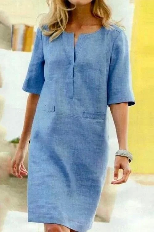 GR | Straight dress with short sleeves made of cotton and linen