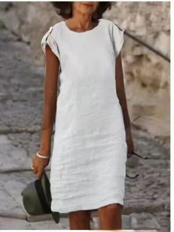 GR | Women's Midi Dress in Colorful Cotton-Linen, Sleeveless with Round Neck