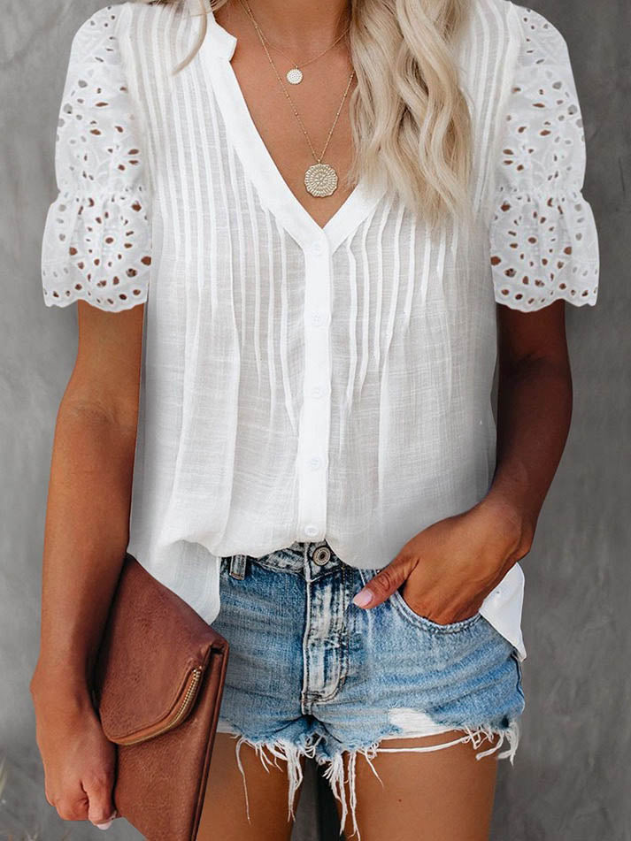 GR | Casual V-neck short lace sleeve top