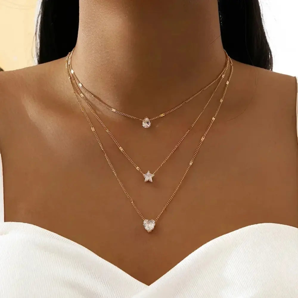 GR | Zircon Heart Charm Layered Pendant Necklace