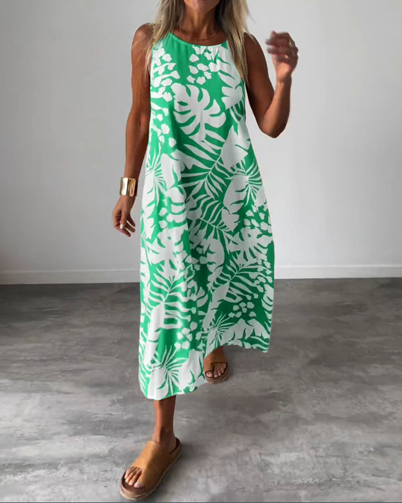 GR | Lässiges, Ärmelloses Kleid mit Blattmuster
