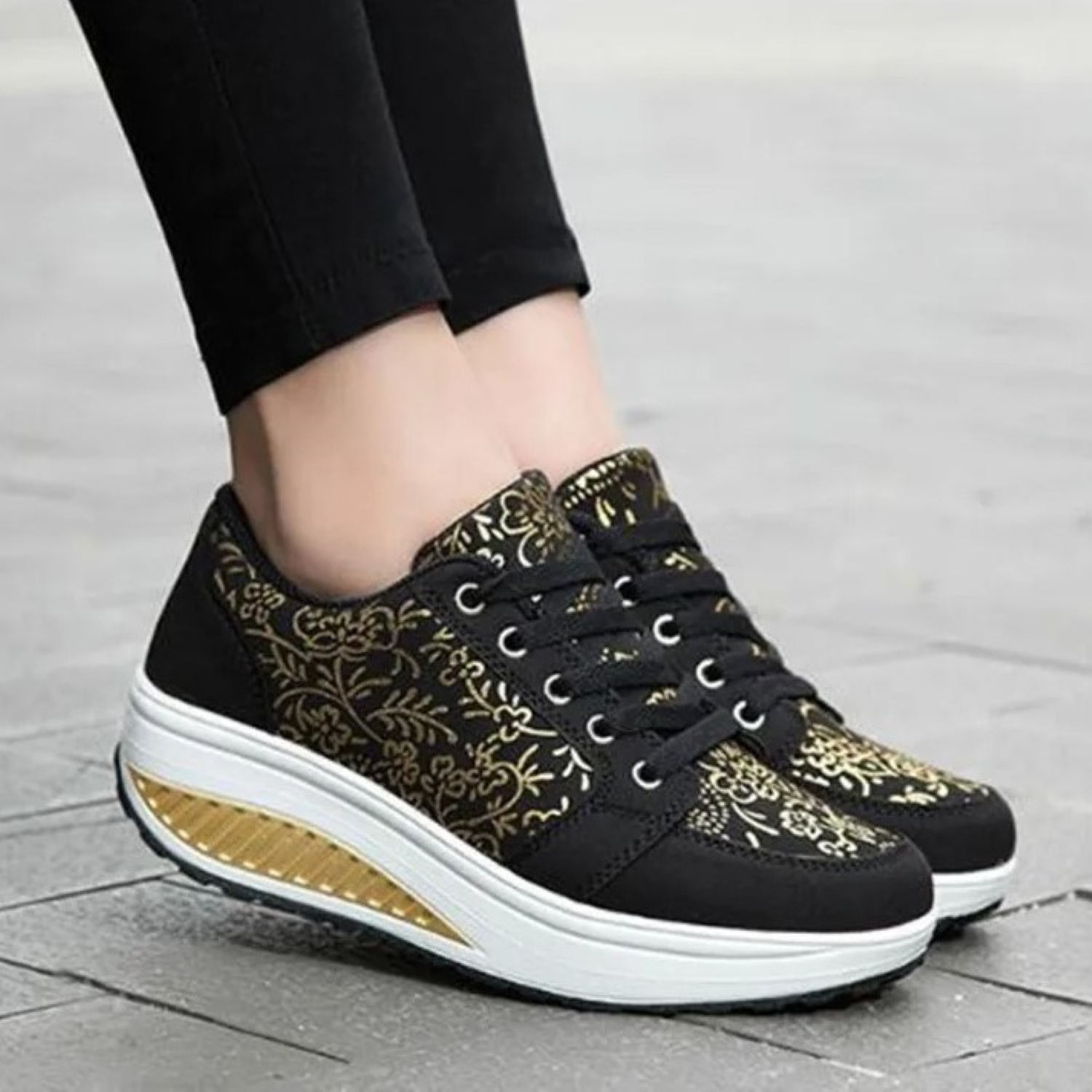 GR | Black Leather Orthopedic Women's Sneakers with Floral Pattern