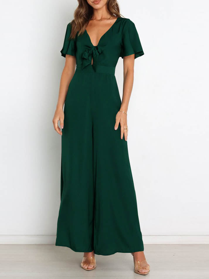 GR | Short-sleeved wide-leg casual V-neck jumpsuit