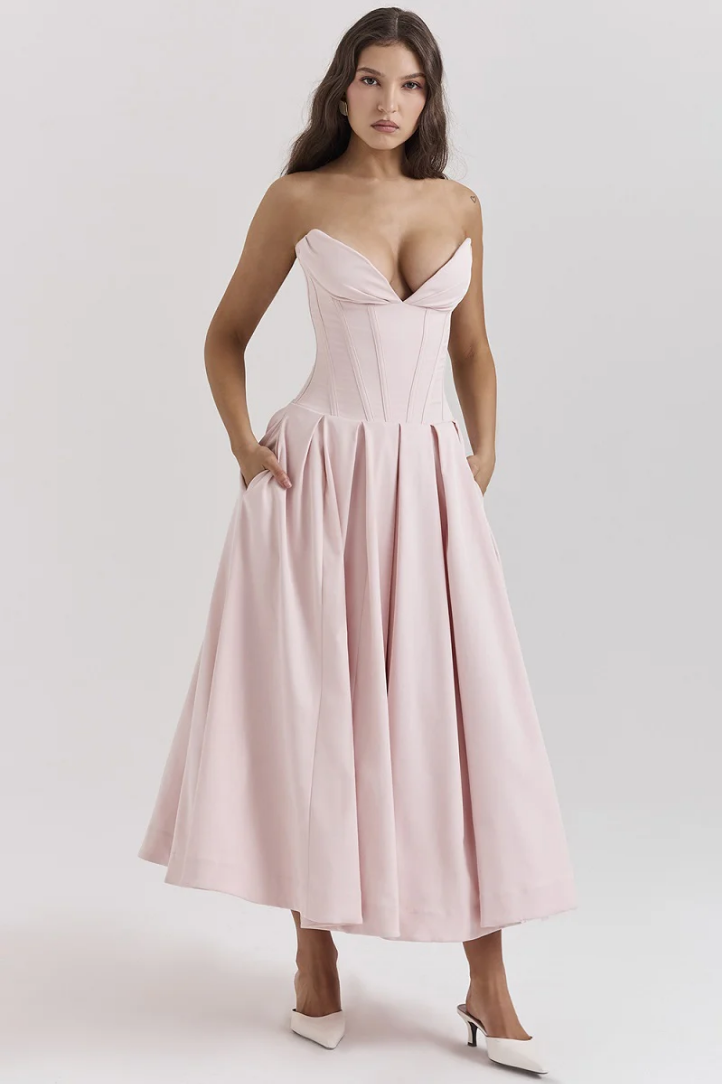 Strapless pleated dress with a V-neck