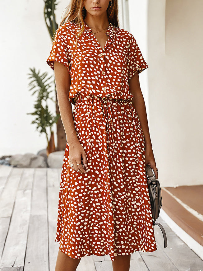 GR | Lässiger Polka Dot V-Ausschnitt Kurzarm Midi Kleid
