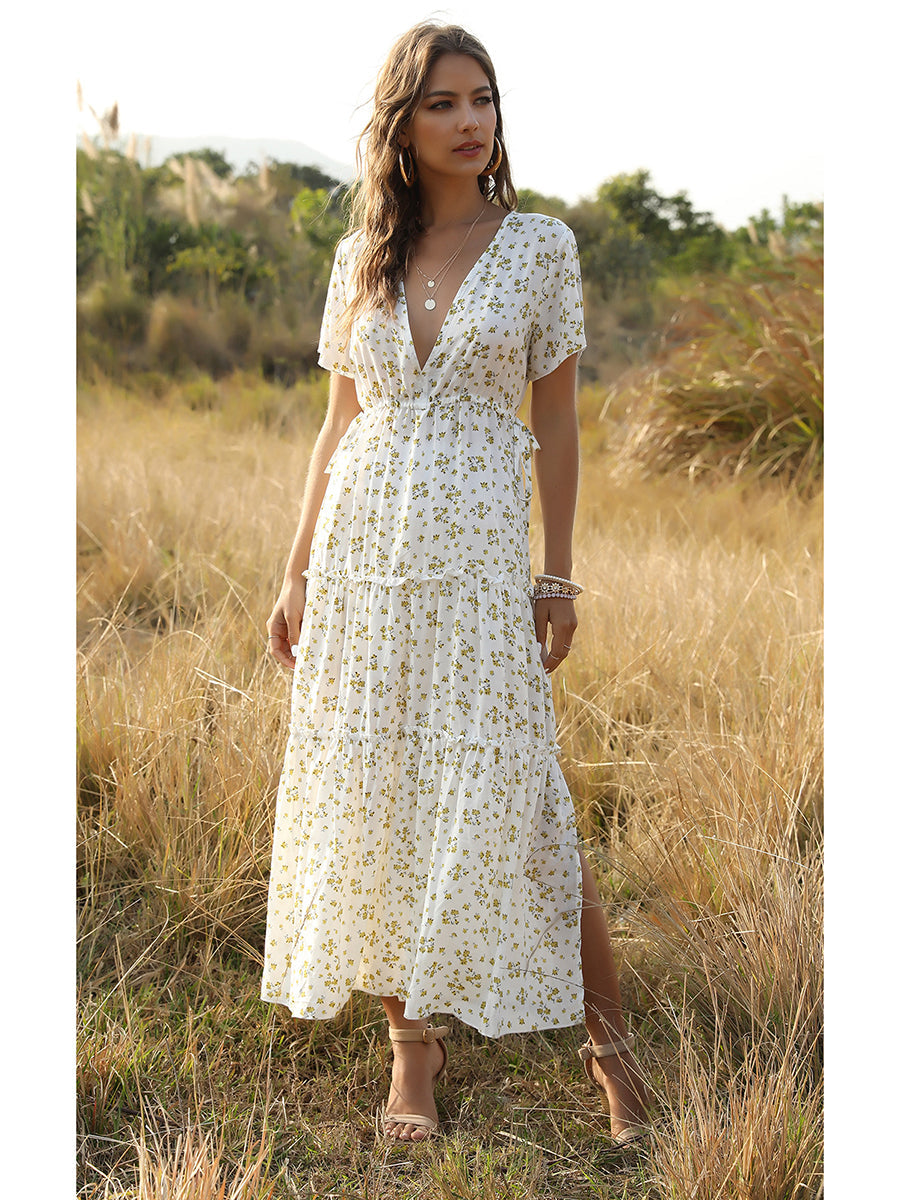 GR | Summer Floral Pattern Ruffled Boho Maxi Dress