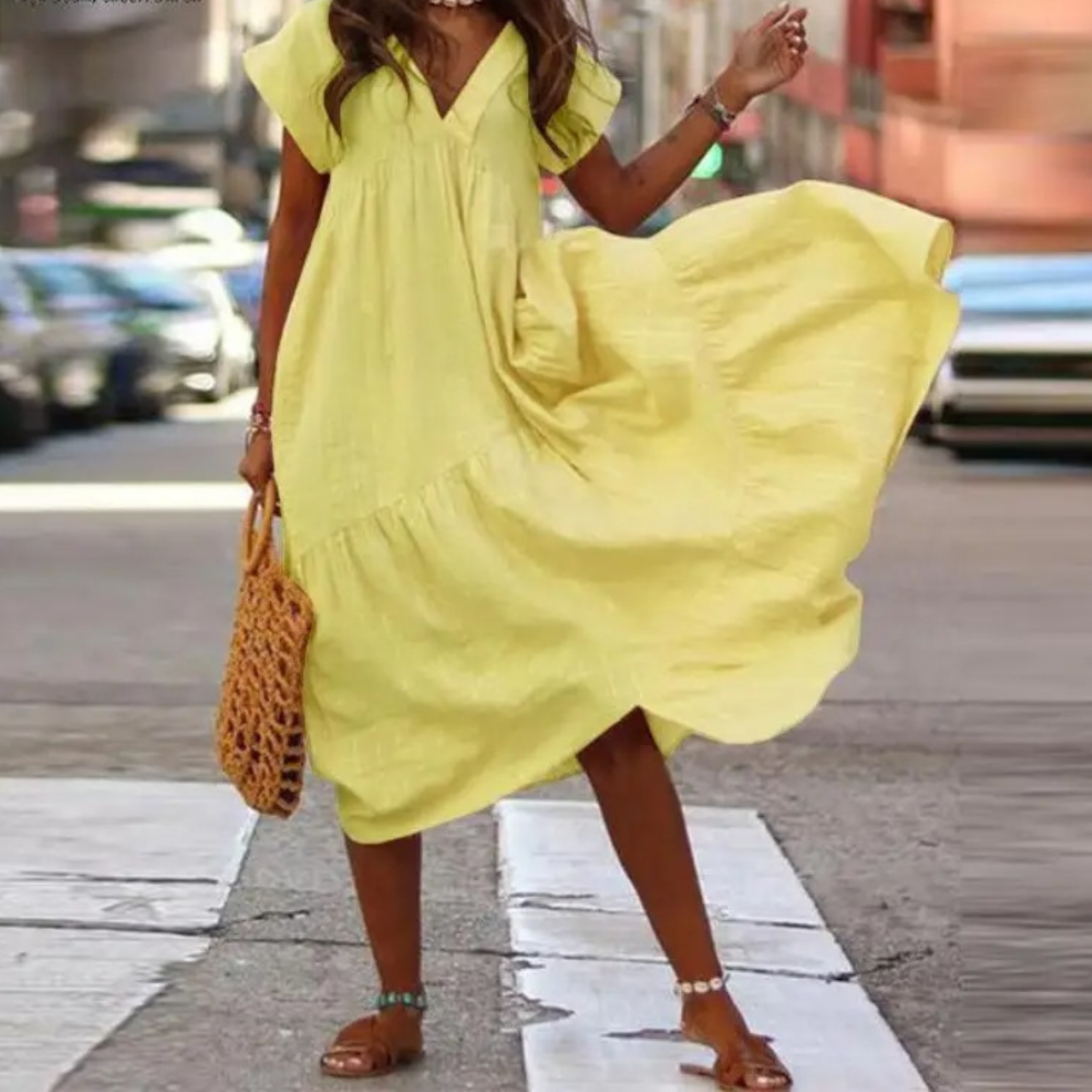 GR – Maxi-style shirt dress with V-neck and ruffles