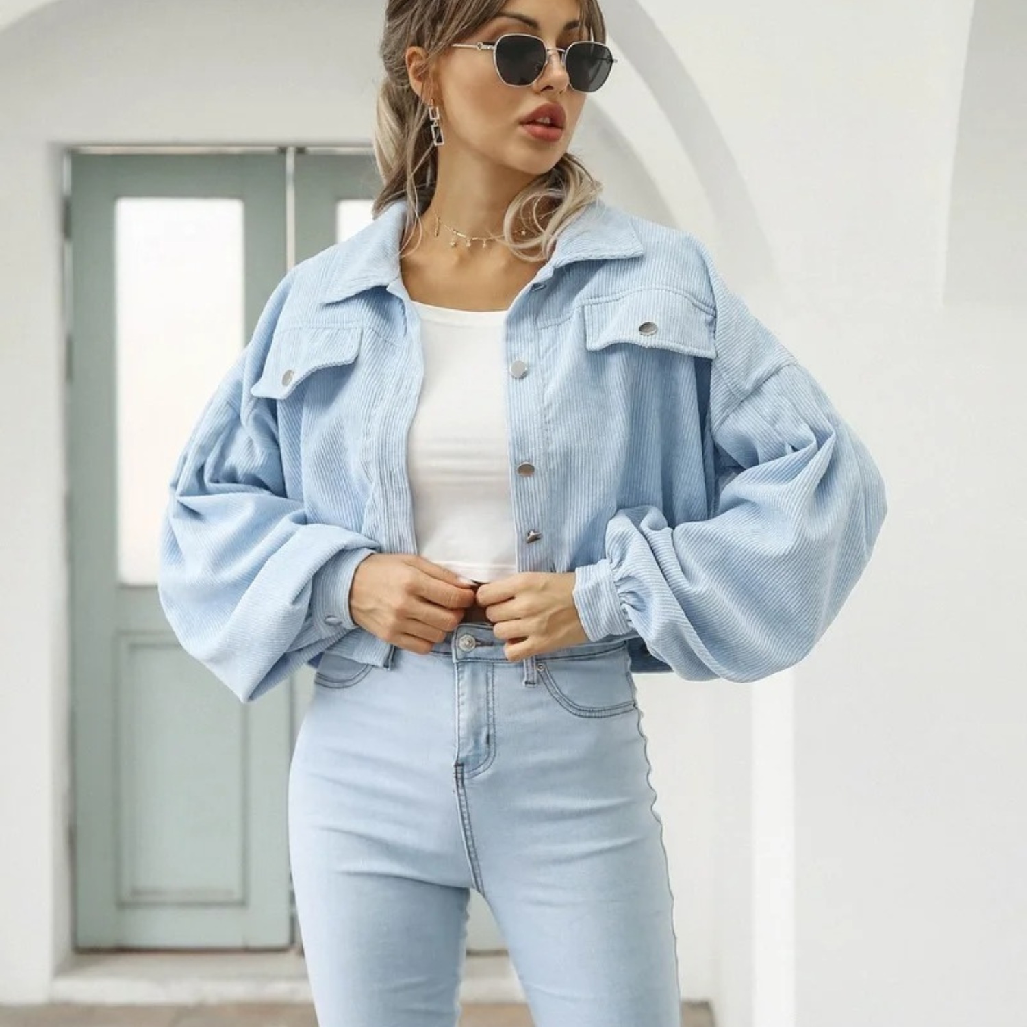 GR | Velvet corduroy lantern sleeve cropped jacket