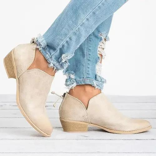 GR | Women's faux leather ankle boots with side cutout, low block heel, casual