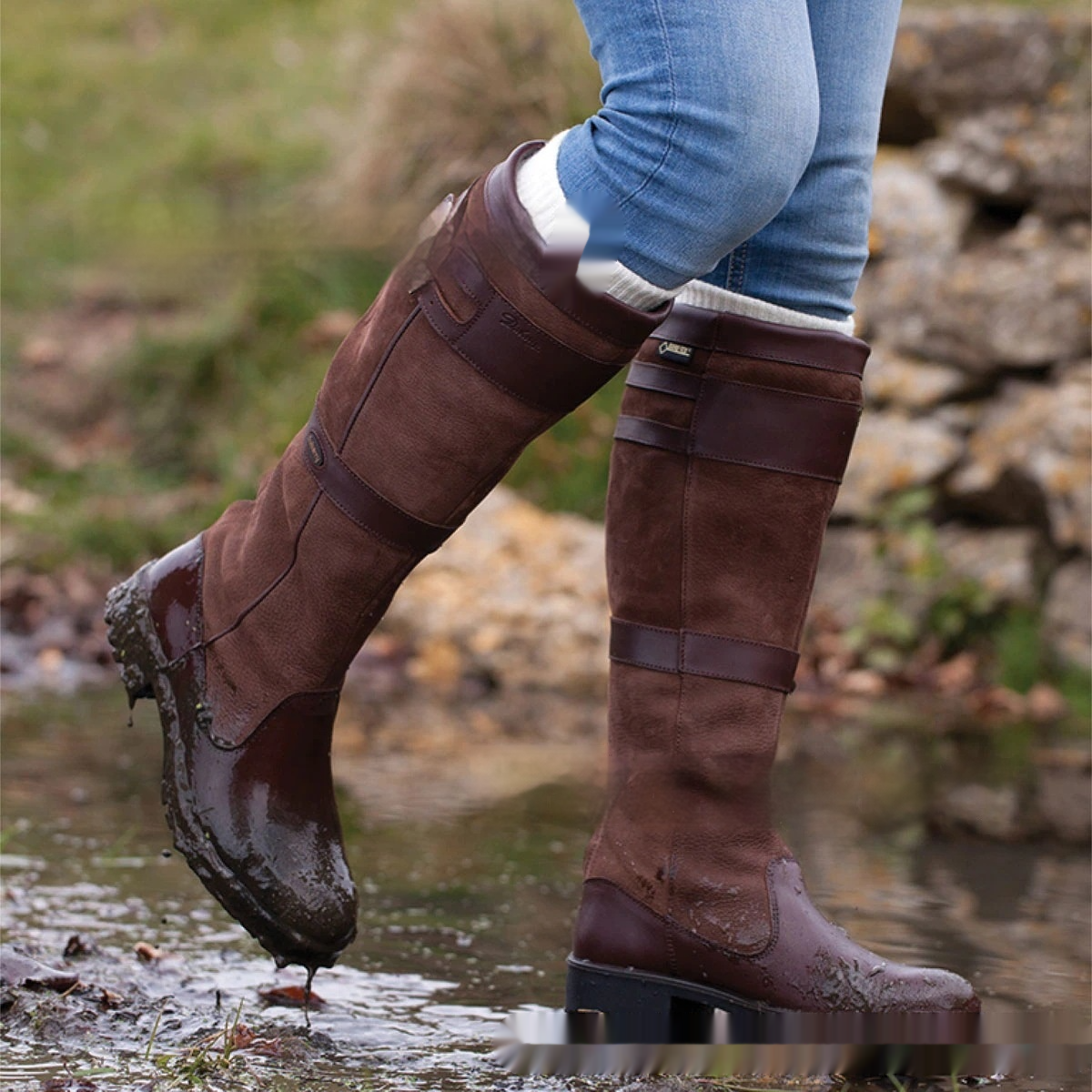 GR | High-shaft outdoor boots with buckles - leather rain boots for women