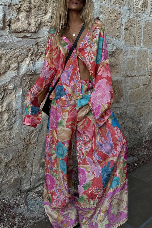 GR | Rosiedress Long-sleeved blouse with button placket and wide-leg trousers floral pattern set