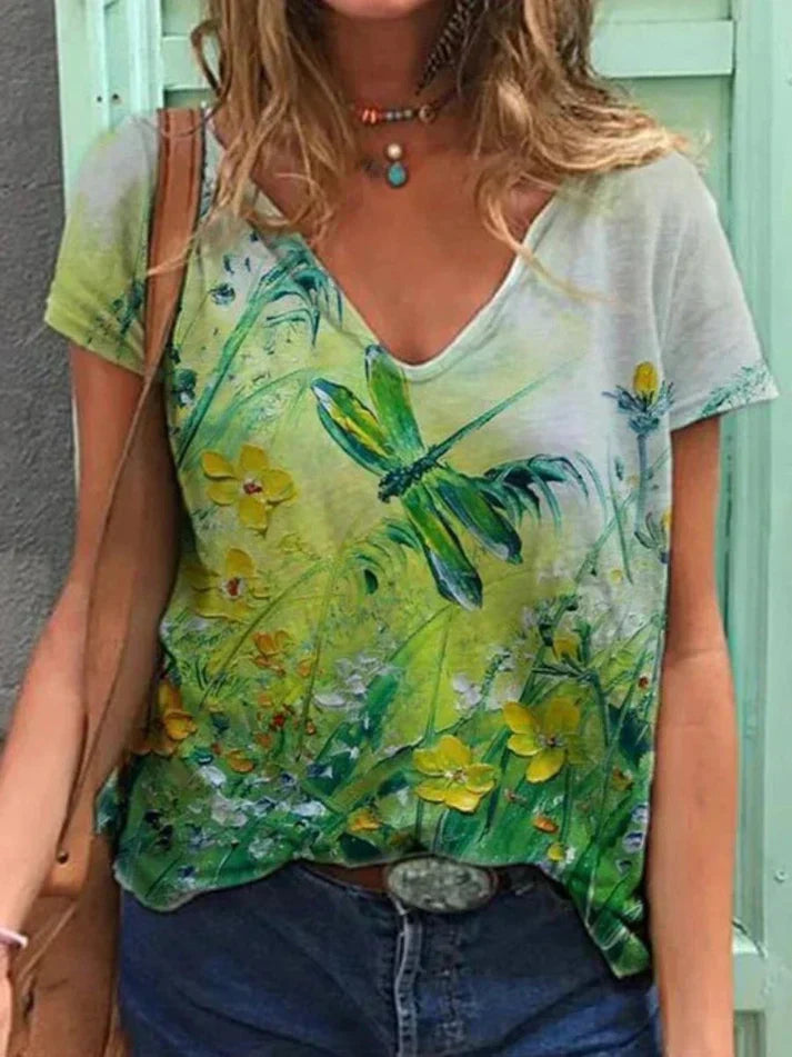GR | Shirt Mit V-ausschnitt Malerei Blumenkunst