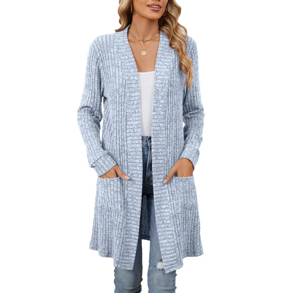 GR | Lange Strickjacken Damen Gerippte Offene Vorderseite Jacke mit Taschen