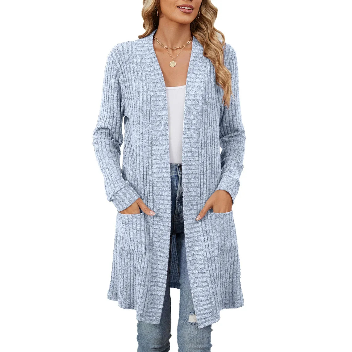 GR | Lange Strickjacken Damen Gerippte Offene Vorderseite Jacke mit Taschen