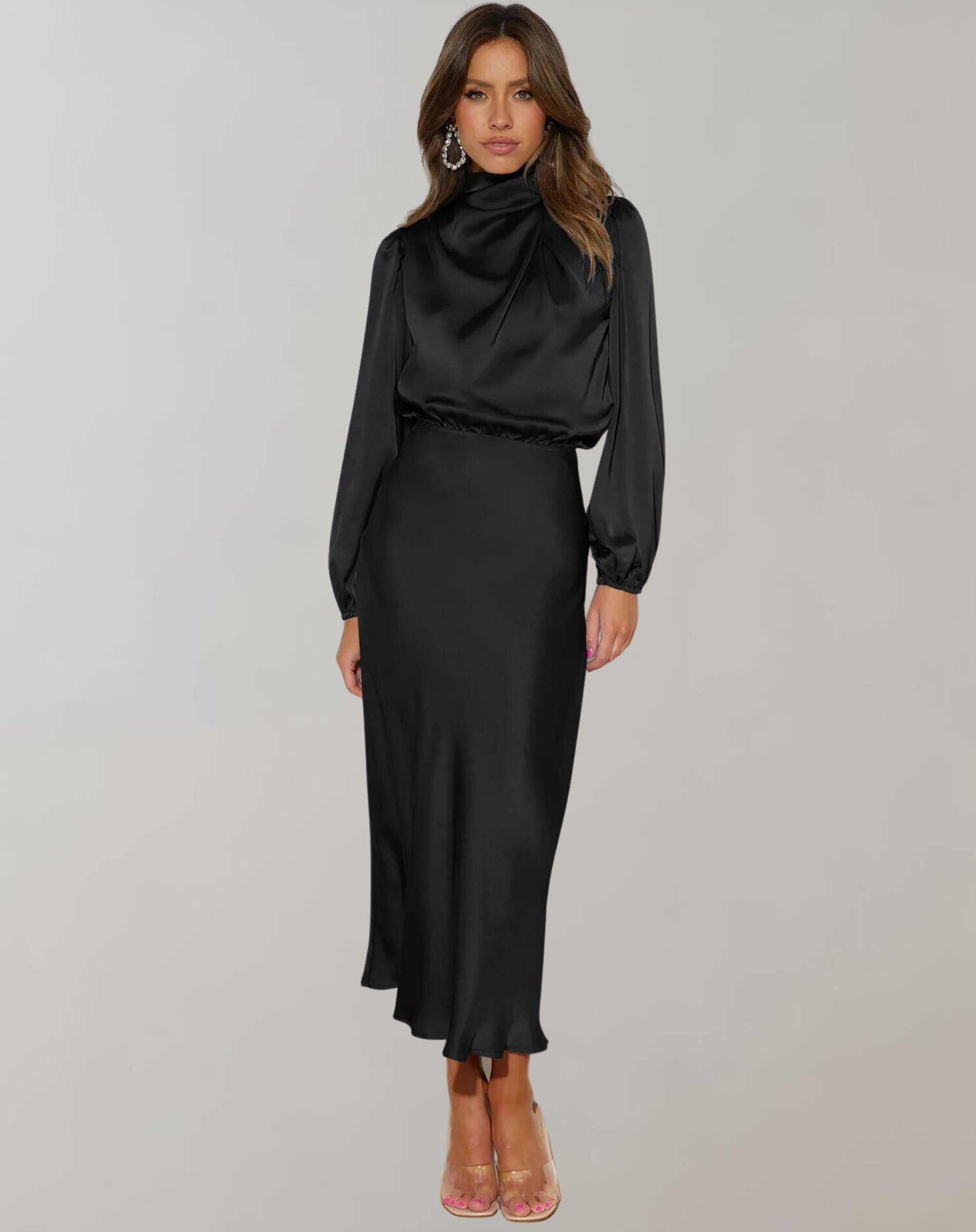 GR | Classic Satin Dress with High Collar and Long Sleeves for Women