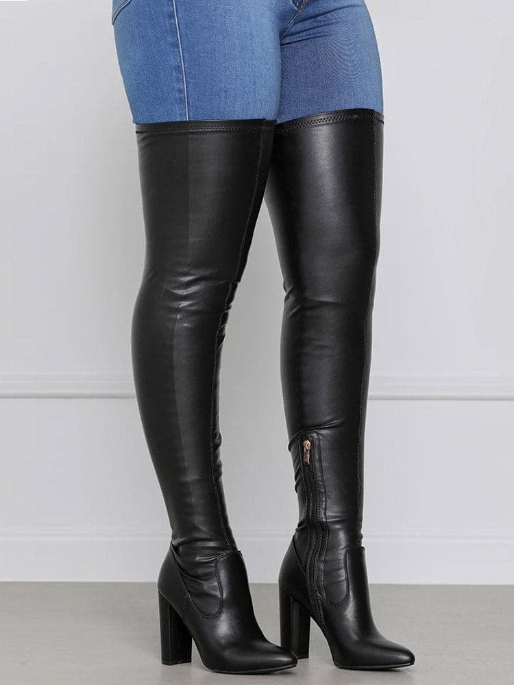 GR | Over-the-knee boots, block heel, round toe, zipper, lug sole