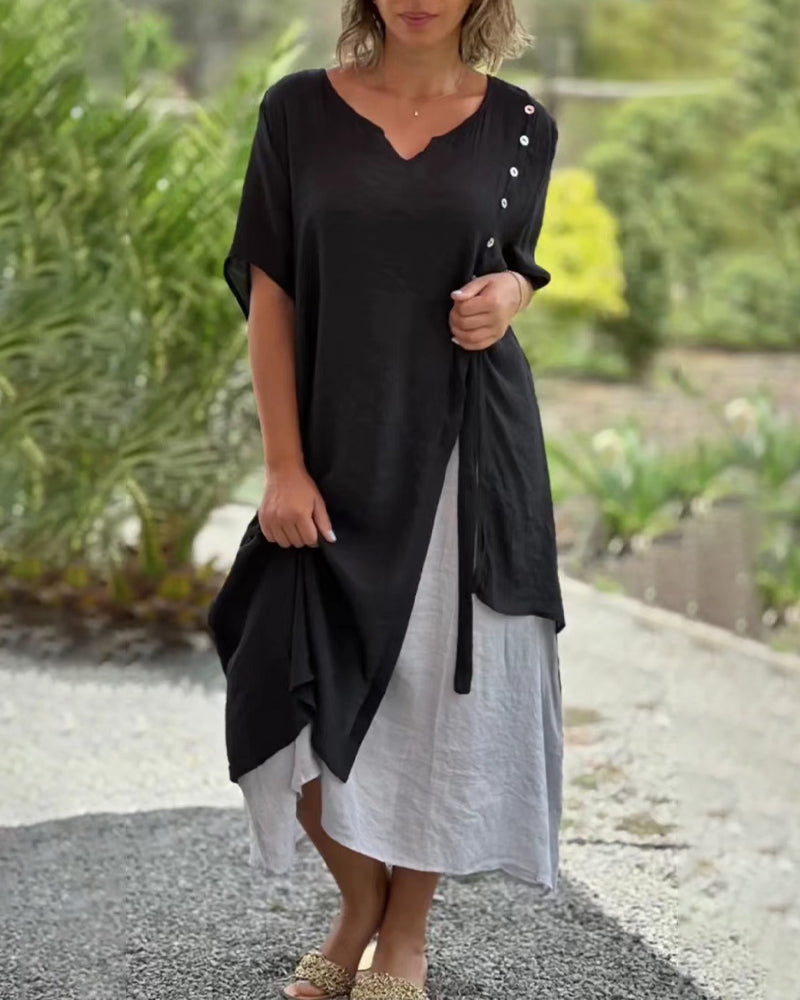 GR | Asymmetrisches Kleid mit kurzen Ärmeln und V-Ausschnitt