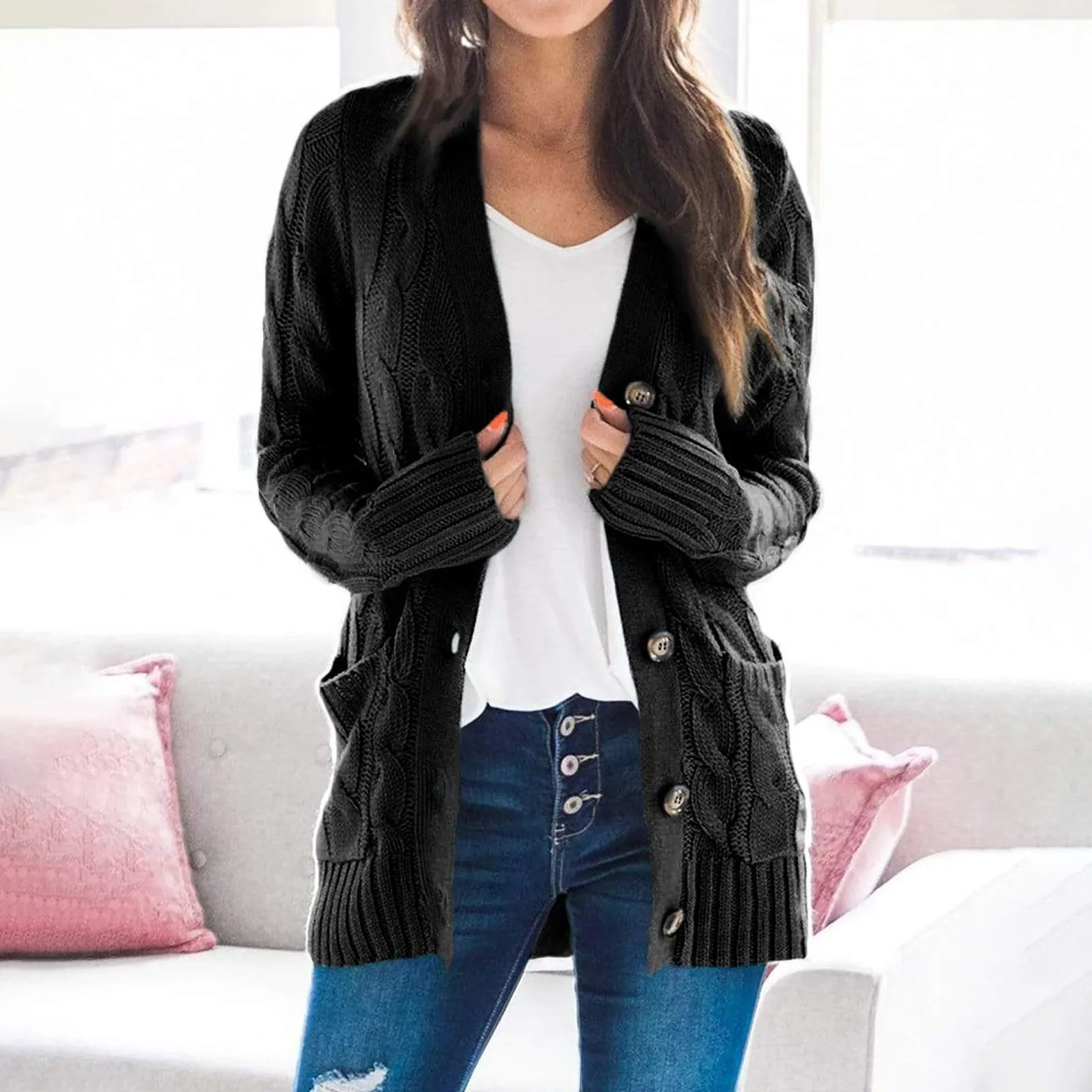 GR | Stylische Lange Strickjacke Für Damen Mit Knopfleiste