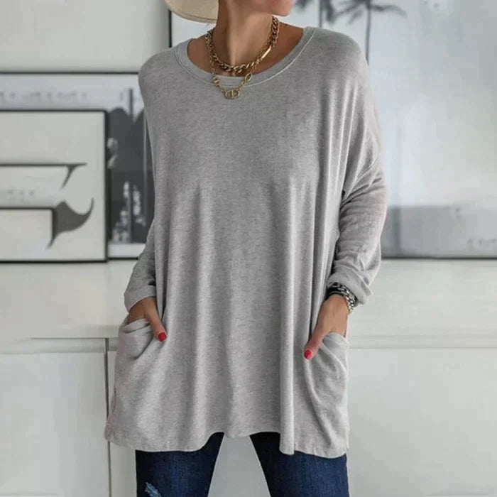 GR | Fashionable tunic top with pockets - Relaxed fit, round neck, long sleeves