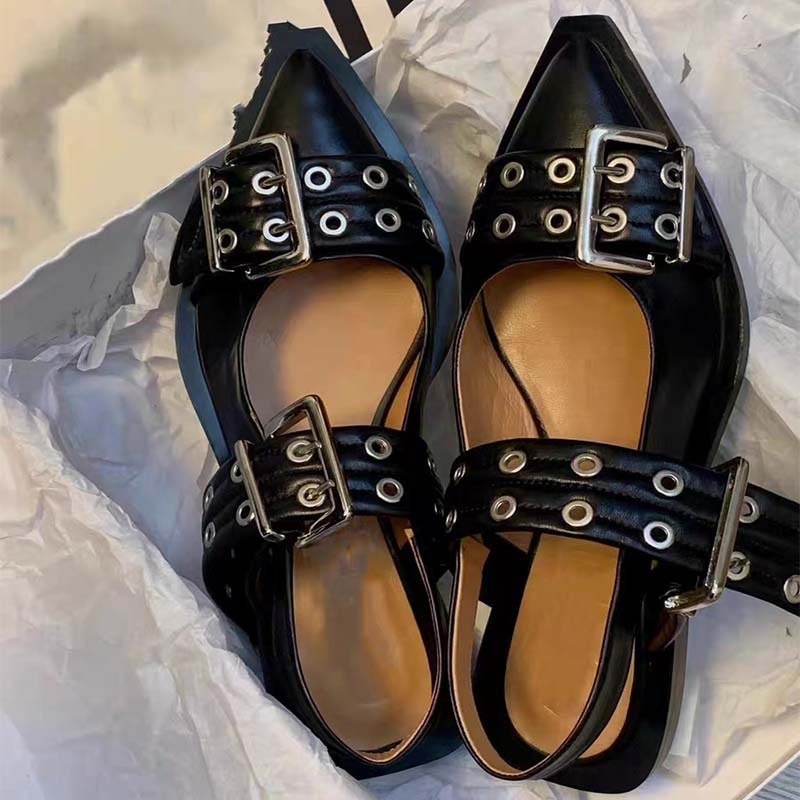 GR | Pointed toe belt buckle mules leather flat sandals
