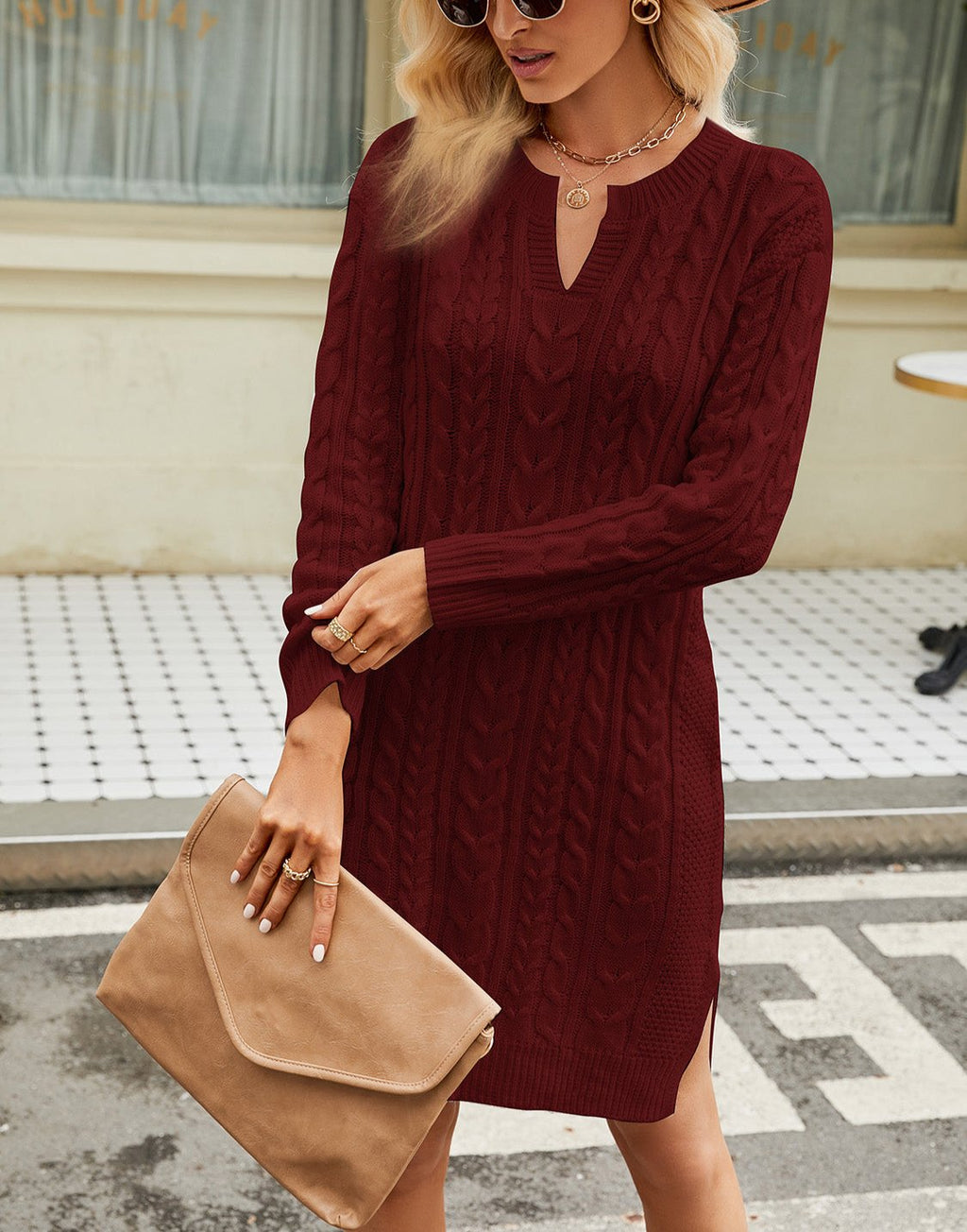 GR | Schicke Herbst-Kabel-Strickkleid mit Ausschnitt für Frauen