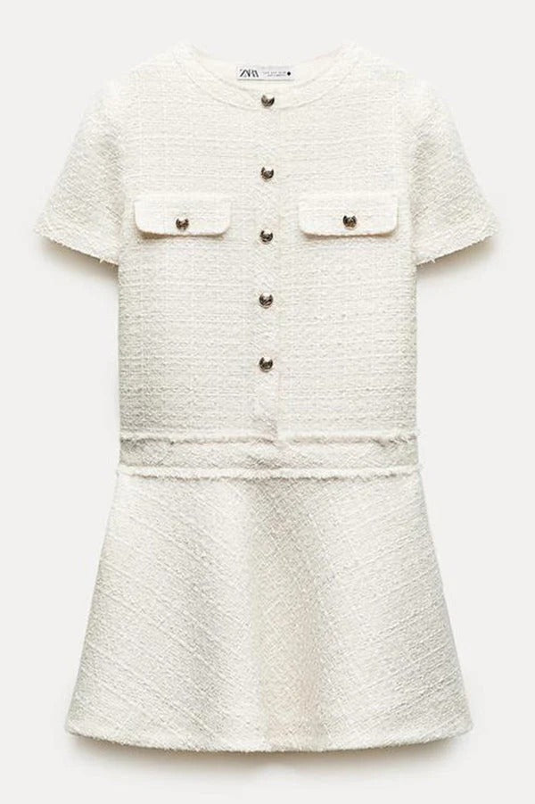 GR | 1960Er London Girl Tweed-Texturiertes Kurzärmliges Kleid mit Goldknöpfen und Taschen