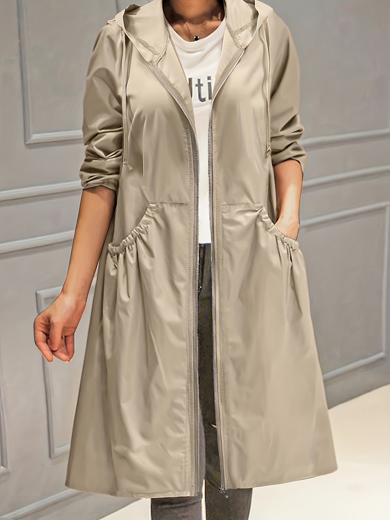 GR | Women's Casual Long Jacket with Hood and Zipper