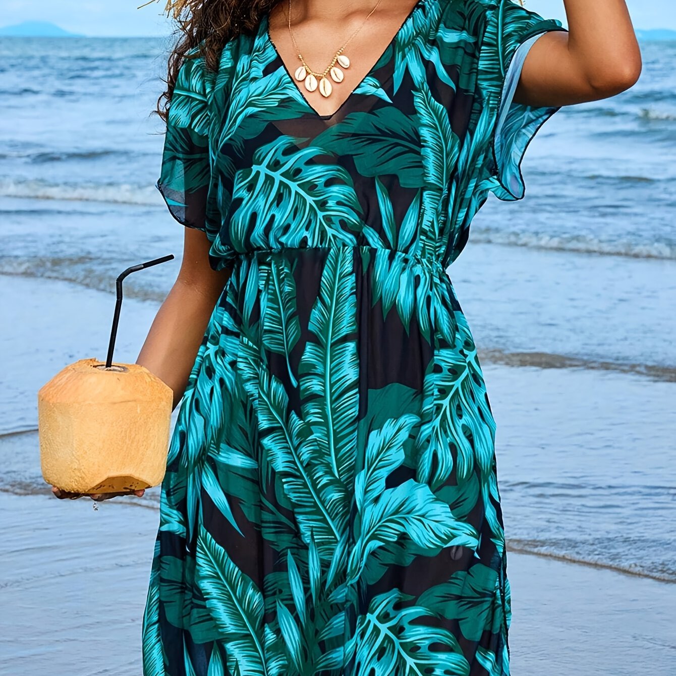 GR | Bohemian beach dress with porcelain mini print and V-neck