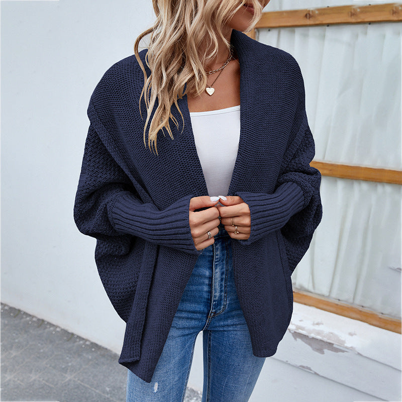 GR | Knitted women's jacket - loose fit with large collar and batwing sleeves