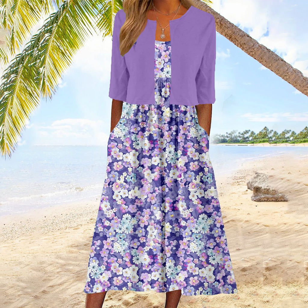 GR | Glamouröses Lilafarbenes Midikleid Mit Blumendruck Und Jacke