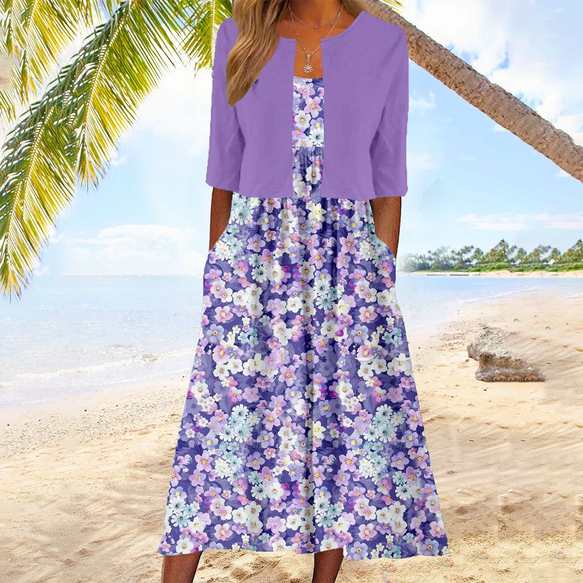 GR | Glamouröses Lilafarbenes Midikleid Mit Blumendruck Und Jacke