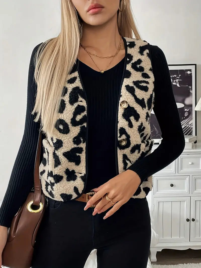 GR | Sleeveless faux fur vest with leopard print for women
