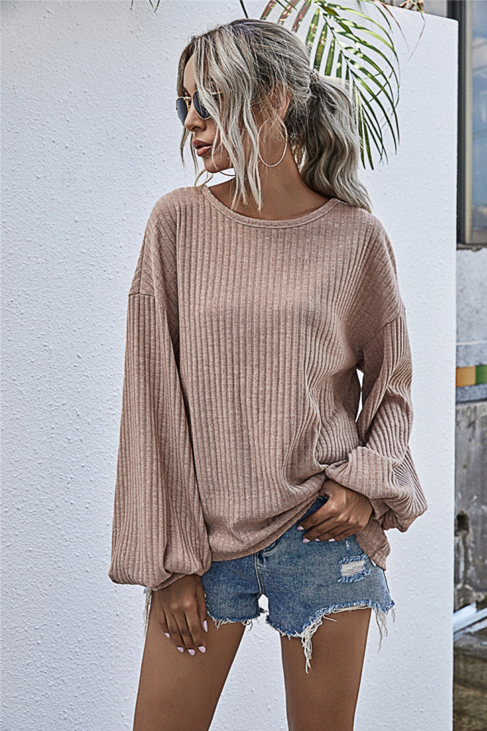 GR Round Neck Lantern Sleeve Casual Knitted Top